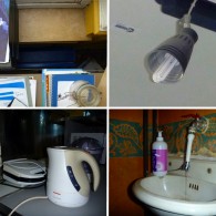 From top left, clockwise: Blocked heater (office); Energy-efficient lightbulbs (social room); Leaking tap (basement); Unused appliances (kitchen).