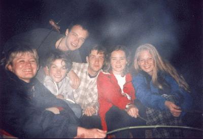 1: Organizers of the canoe trip by a camp fire at the camp Vyssi Brod (from left)- Dagmar, Hanka, Michal, Martin, Eva, Lucka.